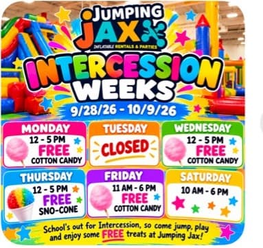 Jumping Jax intercession weeks hours and free treat schedule for September 28 through October 9, 2026